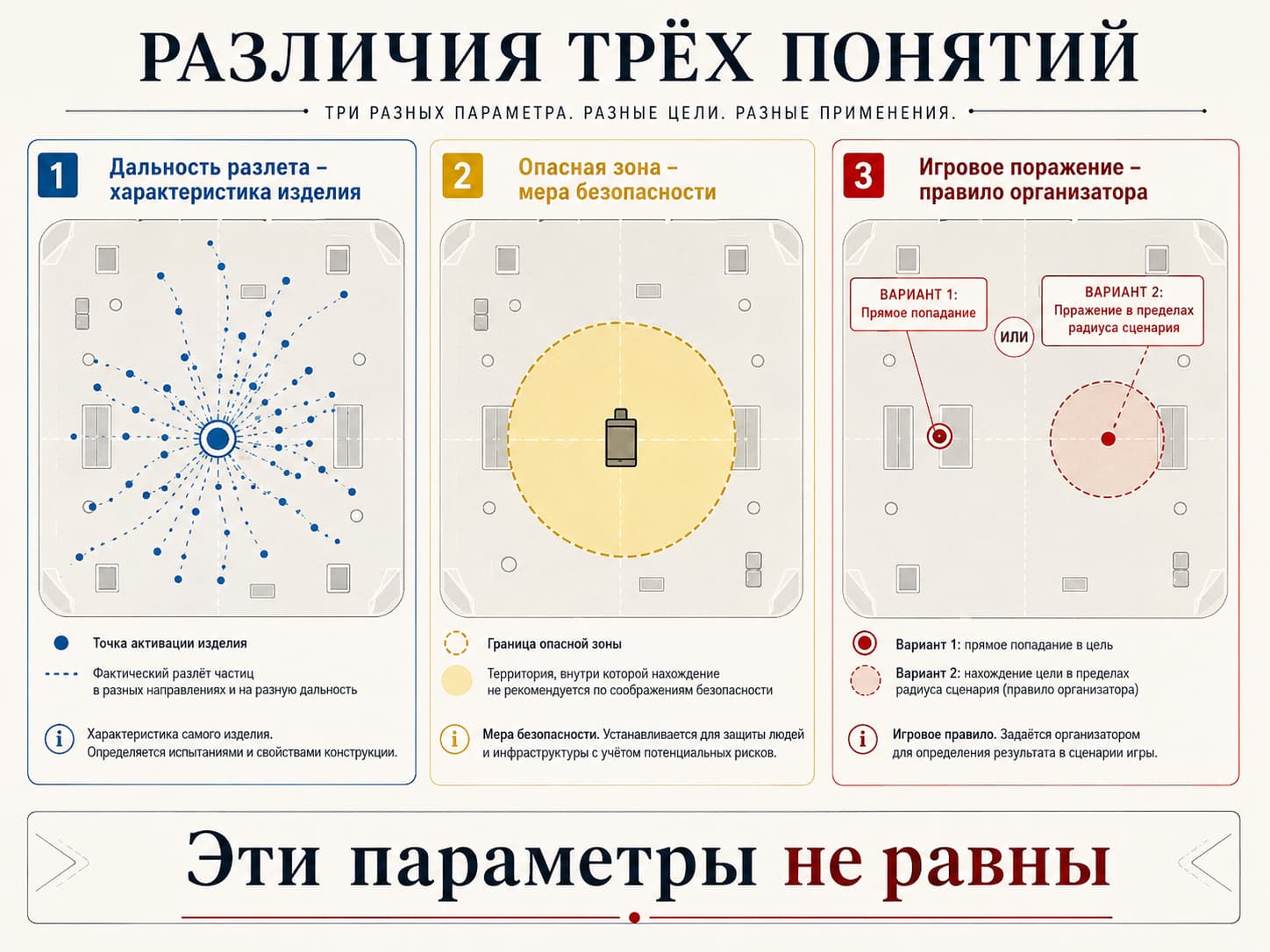 Различия между дальностью разлета наполнителя, опасной зоной и правилами игрового поражения