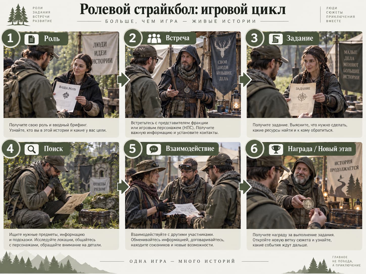 Схема игрового цикла ролевого страйкбола от получения роли до выполнения квеста и награды