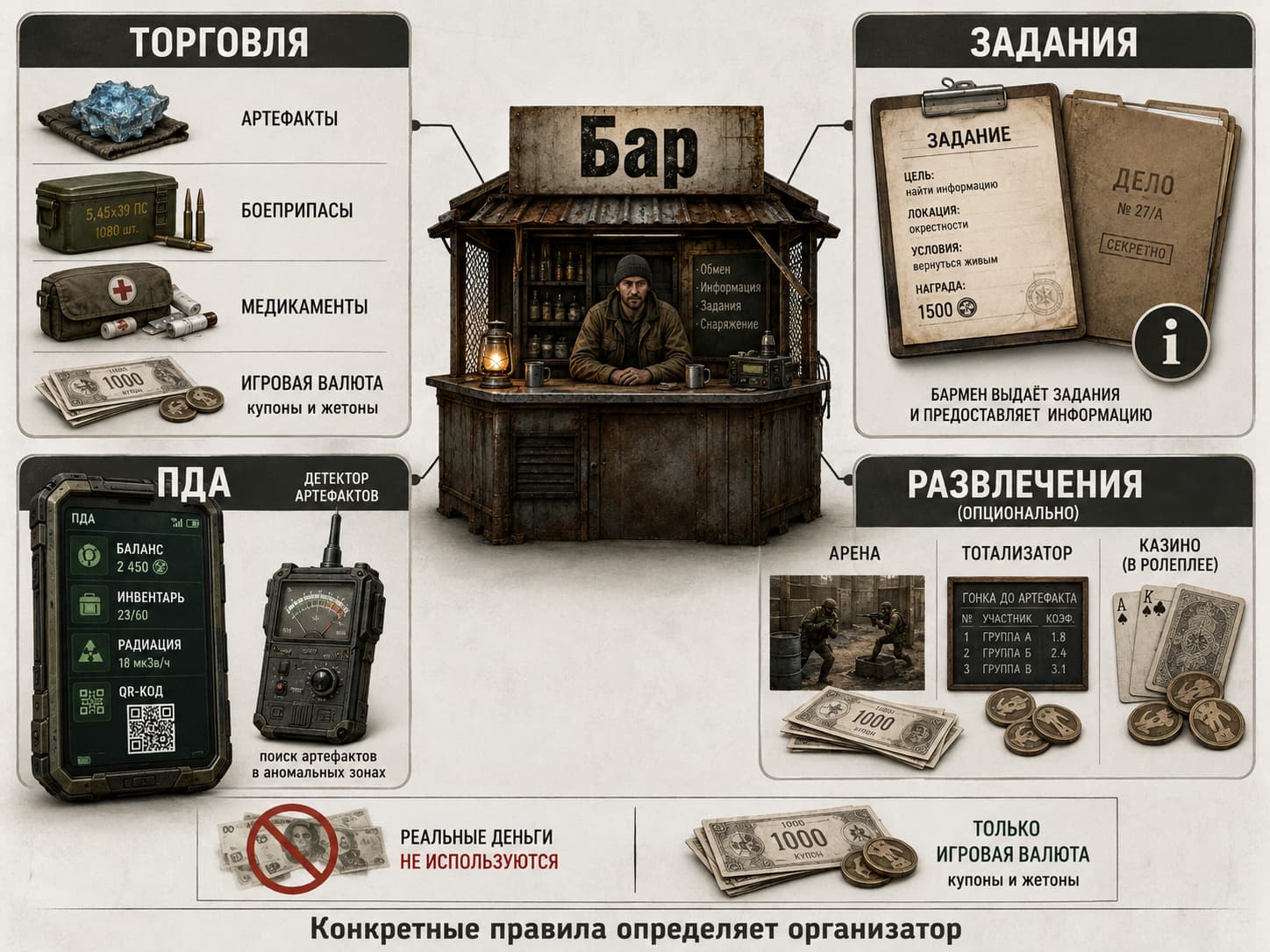 Инфографика функций Бара, ПДА, торговли, артефактов и ставок в STALKER-страйкболе
