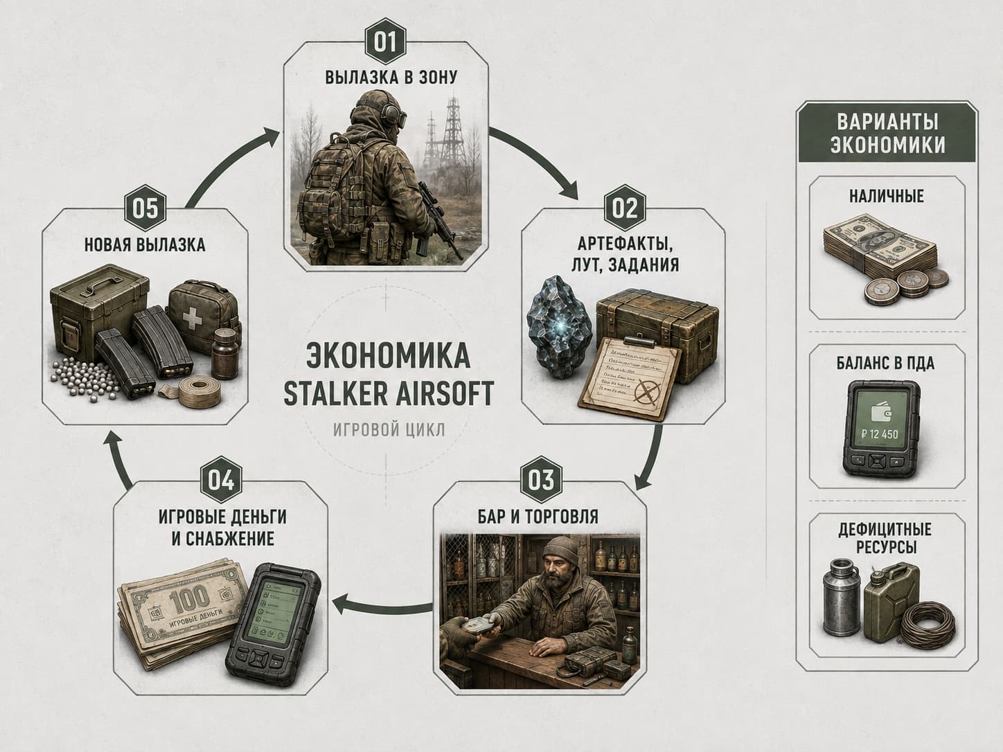 Схема экономики STALKER-страйкбола от вылазки и добычи до торговли, снабжения и новой игры