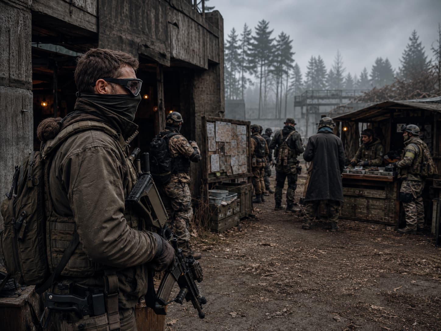 Участник STALKER-страйкбола возле игрового Бара на ролевом полигоне