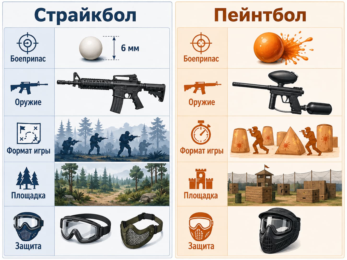 Инфографика со сравнением страйкбола и пейнтбола по формату игры, площадкам и защите