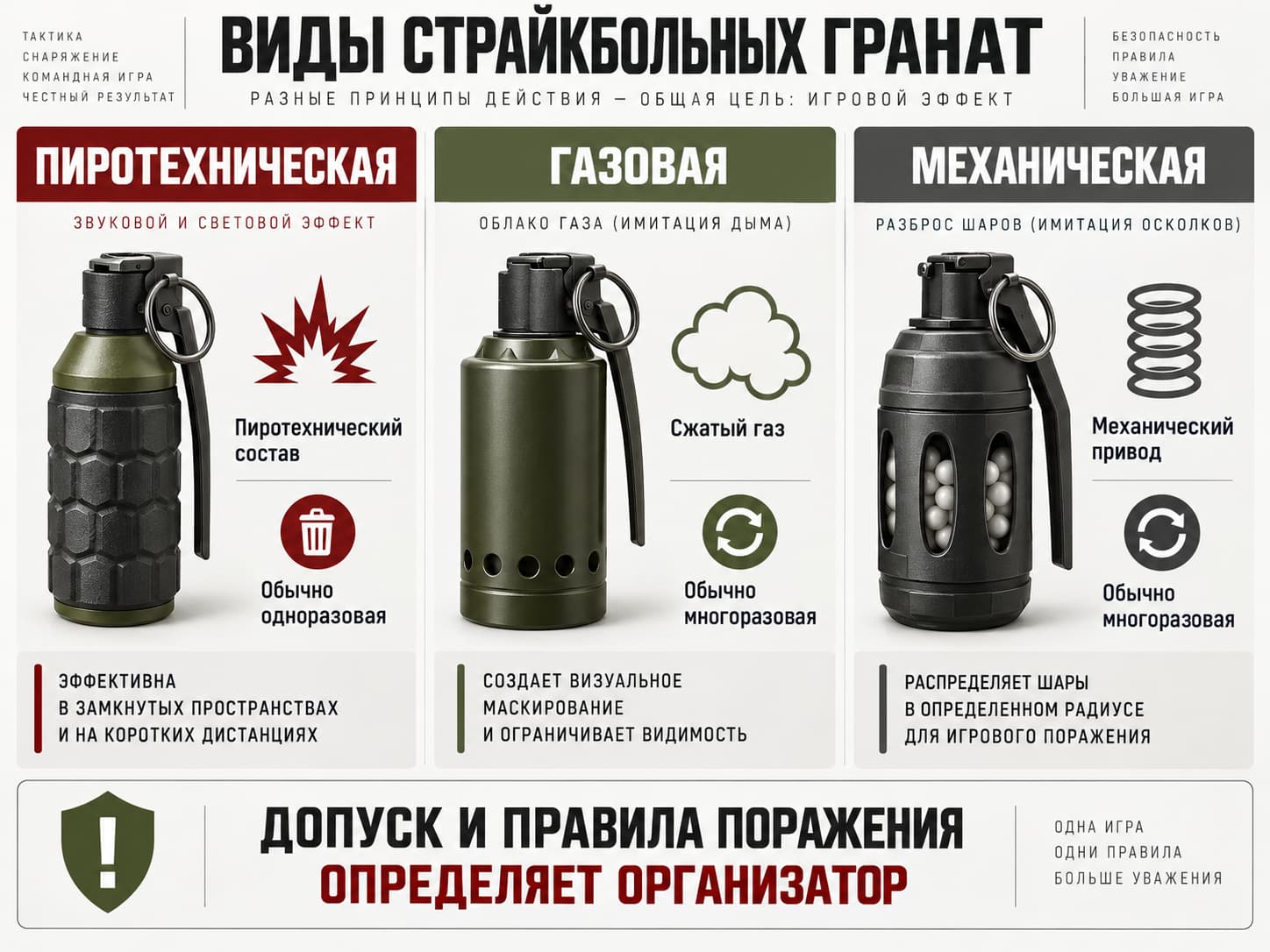 Сравнение пиротехнической, газовой и механической гранат по источнику энергии и возможности повторного применения
