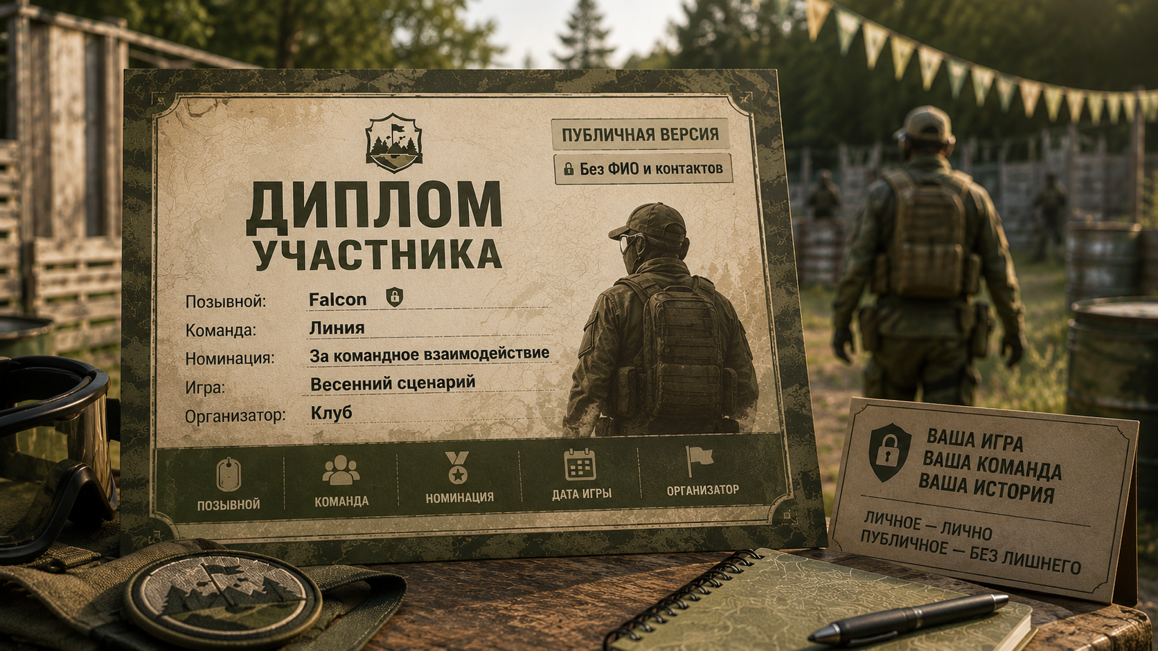 Диплом участника страйкбольной игры с позывным и названием команды